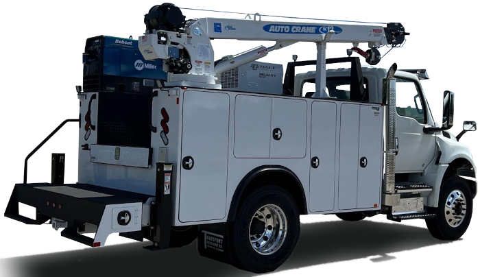 A highly customized white truck with tool compartments and a crane arm